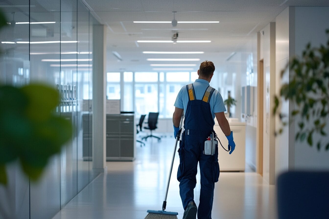 Reinhaldar i blå arbeidsklede i ein kontorgang