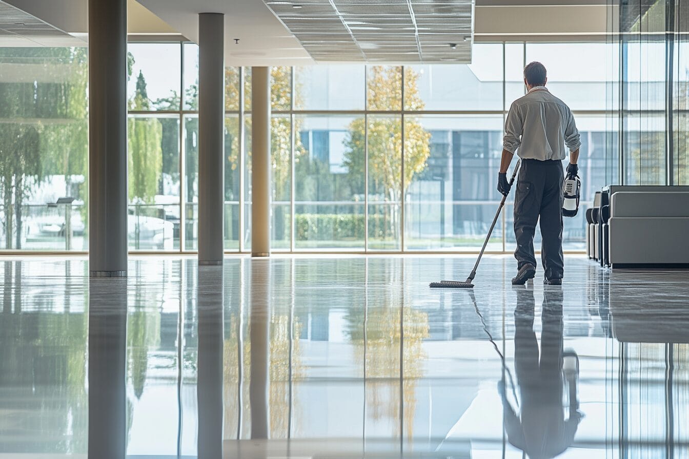 Reinhaldar vaskar eit blankt lobbygolv