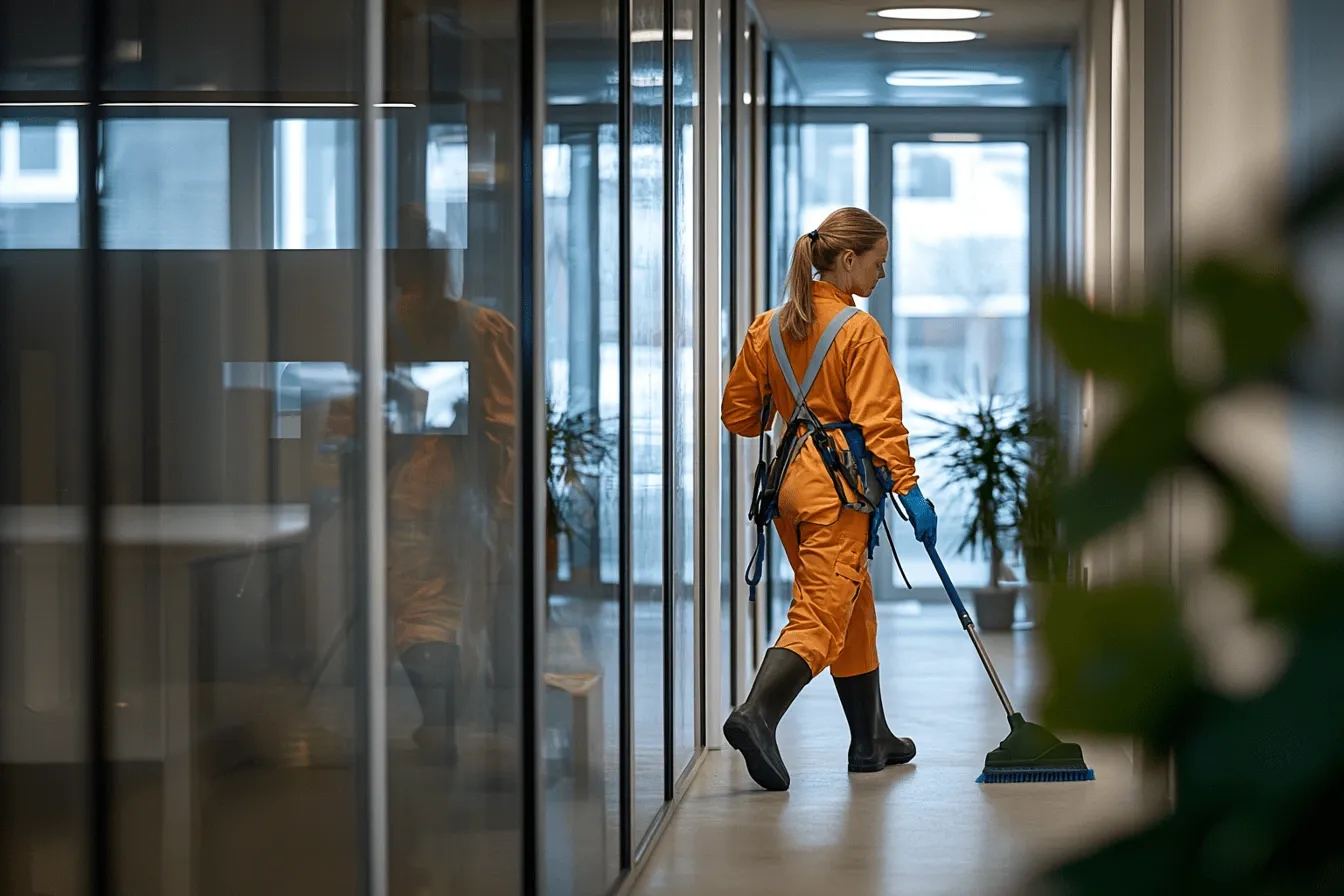 Reinhaldar i oransje arbeidsantrekk vaskar golvet i ein kontorgang med glasveggar